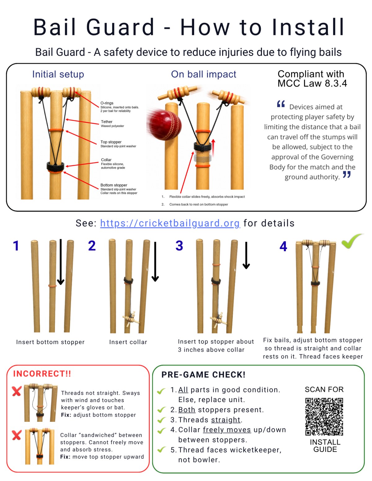 Bail Guard how-to-install flyer: the labelled parts at rest and on ball impact, MCC Law 8.3.4 quoted, four fitting steps from bottom stopper to bails, two incorrect set-ups to avoid, and a five-point pre-game check.