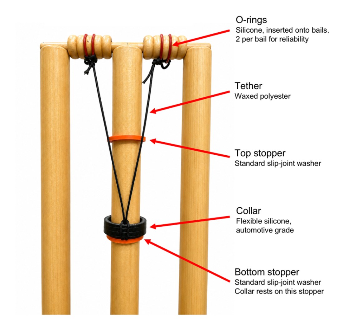 A bail guard fitted to a wicket at rest, labelled: two silicone O-rings on each bail, a waxed polyester tether, a top stopper, the silicone collar, and the bottom stopper the collar rests on.