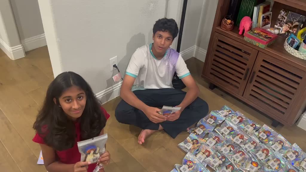Two of us sitting on the floor at home beside rows of finished, packaged bail guards.