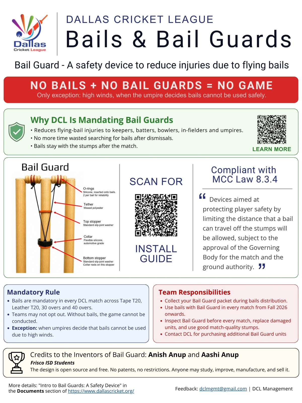 Dallas Cricket League flyer titled Bails and Bail Guards. A red banner reads no bails plus no bail guards equals no game. Panels explain why DCL is mandating them, label the parts of the device, quote MCC Law 8.3.4, and credit the inventors.