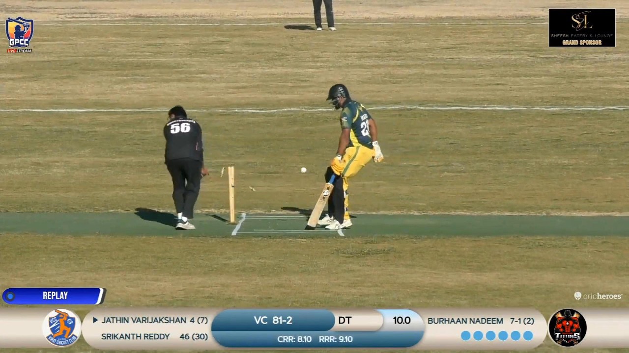 Still from a match stream: a batter beaten by a delivery as the bails come off, with the live scoreboard along the bottom.